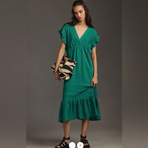 By Anthropologie Flutter-Sleeve V-Neck Maxi/Midi Dress Kelly green XL NWT boho